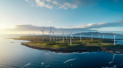 Aerial view wind turbine electrical energy farm next to the beautiful sea landscape. Sustainable power production industrial alternative energy resource concept. Generative AI