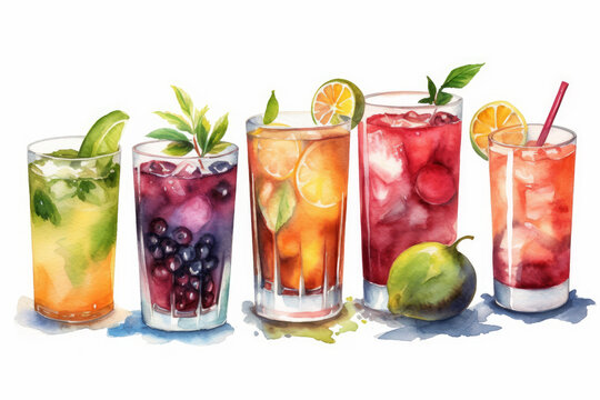 Watercolor Painting of Different Type of Cocktails, art, vibrant, artistic, brushstrokes, visual, cocktail enthusiasts, decoration, bar, cocktail menus, artwork, elegance, creativity.