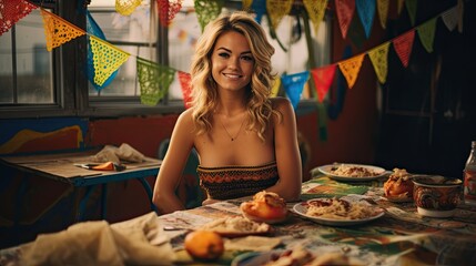 Portrait beautiful woman with tacos on the table AI Generative