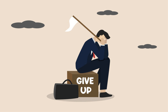 Giving up, business failure, failed businessman, work mistakes or failure business concept, quitting work or giving up, businessman sitting depressed holding white flag giving up sign. 