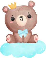 Cute baby shower bear watercolor, teddy on cloud