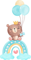 Cute baby shower bear watercolor, teddy on rainbow
