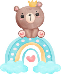 Cute baby shower bear watercolor, teddy on rainbow