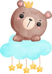 Cute baby shower bear watercolor, teddy on cloud