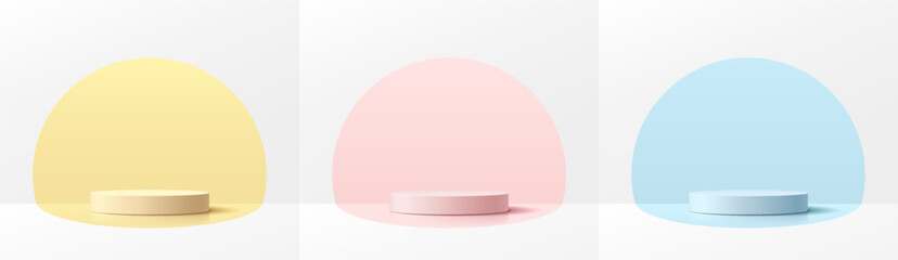 Set of 3D cylinder pedestal podium with pink, light blue and yellow in semi circle wall scene. Platforms mockup product display presentation. Abstract composition in minimal design. Stage showcase.
