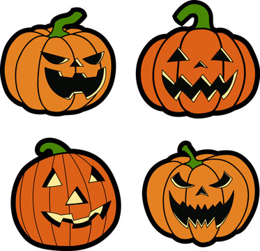 Halloween pumpkins faces. Scary and funny faces of Halloween pumpkin or ghost. Vector illustration.