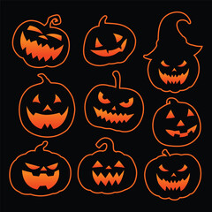 Collection of Halloween pumpkins carved faces silhouettes. Black isolated halloween pumpkin face patterns on orange. Scary and funny faces of Halloween pumpkin or ghost. Vector illustration
