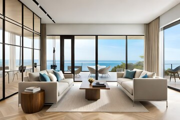 Fototapeta premium : Coastal design takes inspiration from beach and seaside living. It often includes a light and breezy color palette with blues, whites, and sandy hues. Nautical motifs, beachy textures, and natural m