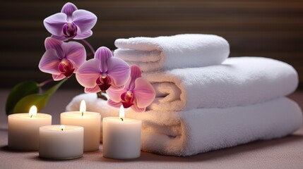"A high-quality background image of soft, folded towels stacked upon each other, paired with a flickering candle