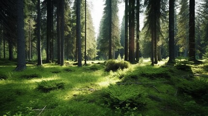 Healthy green trees in a forest of old spruce fir generative ai