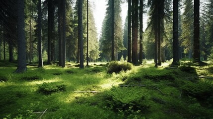 Fototapeta premium Healthy green trees in a forest of old spruce fir generative ai