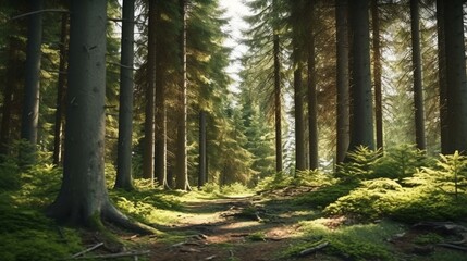 Fototapeta premium Healthy green trees in a forest of old spruce fir generative ai