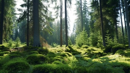 Obraz premium Healthy green trees in a forest of old spruce fir generative ai