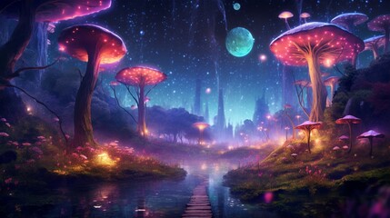 Fototapeta na wymiar Fantasy landscape magical night fairy tale forest generative ai