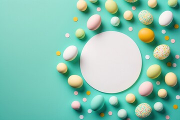 Easter concept. Top view photo of white circle and colorful easter eggs on isolated turquoise background with copyspace, Generative AI