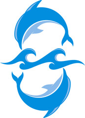 Two dolphin with sea wave
