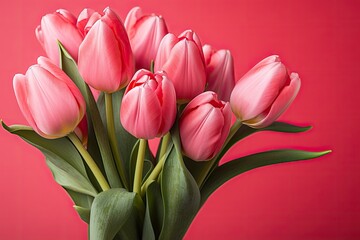 Fototapeta premium tulips on pink background, copy space