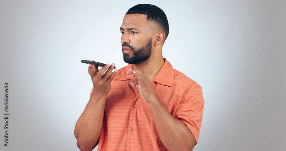 Poster speaker, phone call and frustrated man win studio with conflict, problem or bad connection on grey b