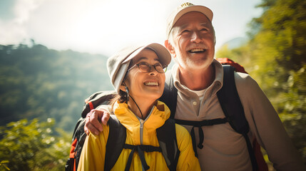Active senior Asian couple go outdoor for nature travel adventure. Elder retirement happy healthy lifestyle activity concept. Generative AI