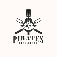 Pirates Chef , The pirate with spatula and meat fork logo design idea for restaurant, bar, barbeque,