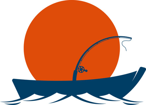 recommend clip art: Fishing boat with fishing rod and sun