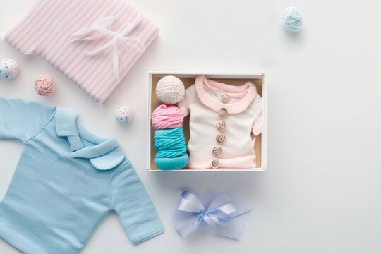 Gender reveal party concept. Top view photo of pink and blue infant clothes shirts gift boxes pacifier wooden rattle and inscription love on isolated white background with, Generative AI