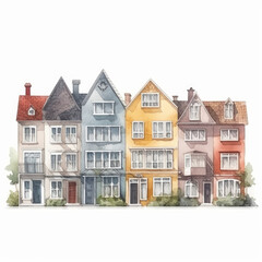 Fototapeta premium Row of Cute Colorful Houses Illustration - Watercolor Style