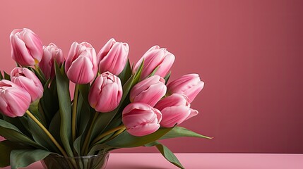 Obraz premium tulips on pink background, copy space