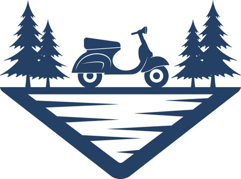 recommend clip art: Triangle shape with scooter and pine and water
