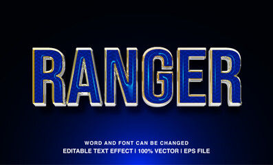 Ranger editable text effect template, bold blue glossy futuristic style typeface, premium vector	