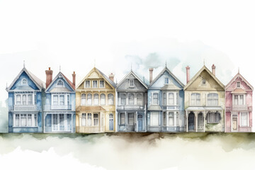 Fototapeta na wymiar Row of Cute Colorful Houses Illustration - Watercolor Style