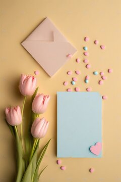 Mother's Day celebration concept. Top view vertical photo of pink tulips small blue present box envelope postcard and heart shaped sprinkles on isolated pastel beige background, Generative AI