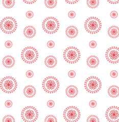 Digital png illustration of rows of red flowers in circles on transparent background