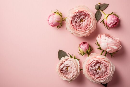 8-march concept. Top view photo of pink peony roses on isolated pastel pink background with copyspace, Generative AI
