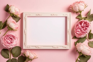 Mother's Day concept. Top view photo of photo frame and pink peony roses on isolated pastel pink background with blank space, Generative AI