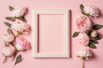 Mother's Day concept. Top view photo of photo frame and pink peony roses on isolated pastel pink background with blank space, Generative AI