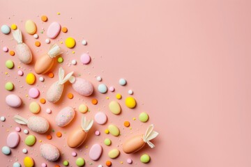 Fototapeta na wymiar Easter decor concept. Top view photo of colorful eggs easter bunny ears and carrot shaped sprinkles on isolated pastel pink background with copyspace, Generative AI