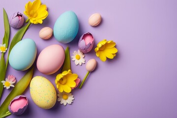 Fototapeta na wymiar Easter celebration concept. Top view photo of blue yellow pink easter eggs spring flowers yellow and pink tulips on isolated pastel purple background with blank, Generative AI