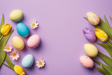 Fototapeta na wymiar Easter celebration concept. Top view photo of blue yellow pink easter eggs spring flowers yellow and pink tulips on isolated pastel purple background with blank, Generative AI