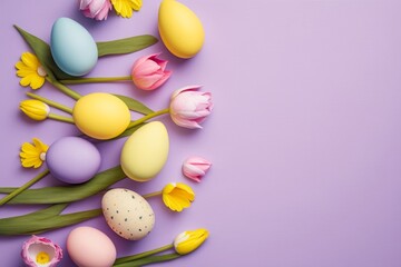 Obraz na płótnie Canvas Easter celebration concept. Top view photo of blue yellow pink easter eggs spring flowers yellow and pink tulips on isolated pastel purple background with blank, Generative AI