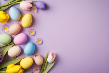 Easter celebration concept. Top view photo of blue yellow pink easter eggs spring flowers yellow and pink tulips on isolated pastel purple background with blank, Generative AI