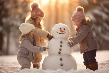Children make a snowman out of snow