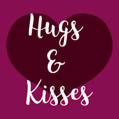 Digital png illustration of heart with hugs and kisses text on purple and transparent background