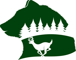 Bear head with pine forest and deer