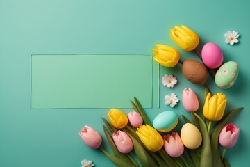 Easter decor concept. Top view photo of bouquet of yellow and pink tulips and colorful easter eggs on isolated turquoise background with blank space, Generative AI