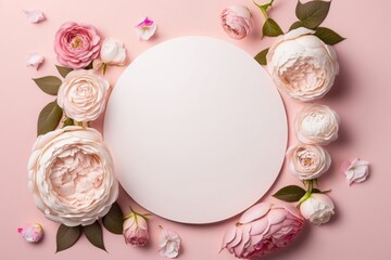 Fototapeta na wymiar Mother's Day concept. Top view photo of white empty circle and fresh flowers pink peony roses on isolated pastel pink background with empty space, Generative AI