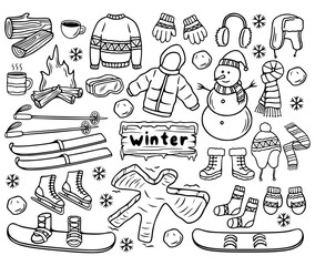 Winter elements hand drawn. A set of winter vector illustrations in doodle line art