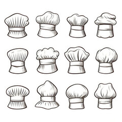 Cook chef hats. Cooker cap set, culinary head clothes for kitchen hand drawn illustration