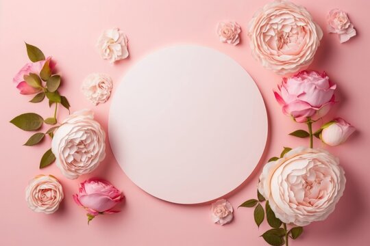 Mother's Day concept. Top view photo of white empty circle and fresh flowers pink peony roses on isolated pastel pink background with empty space, Generative AI