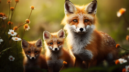 Obraz premium Mother fox with her cubs surrounded by flowers